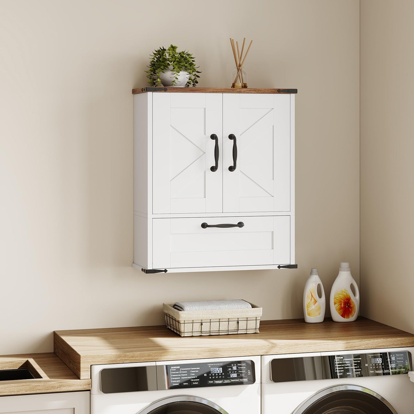 White cabinet with wooden top above a washing machine in a laundry room.