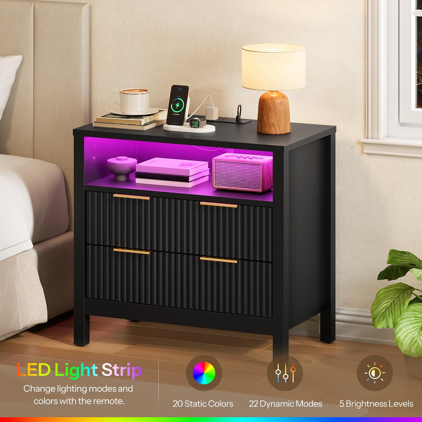 HOOBRO Wooden Wave Wide Nightstand with Charging Station & LED Lights