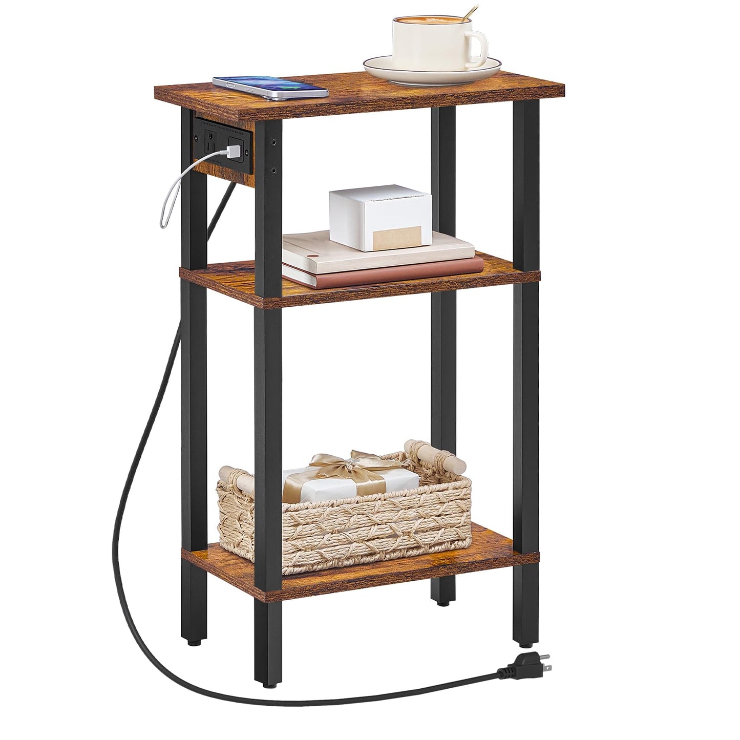 HOOBRO Narrow Side Table, 3-Tier Slim End Table with Charging Station, Skinny Nightstand with Open Storage, for Small Spaces, Living Room, Bedroom, Study, Rustic Brown and Black BF340UBZ01