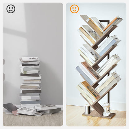 HOOBRO Greige 9-Tier Floor-Standing Wooden Tree-Shaped Bookshelf
