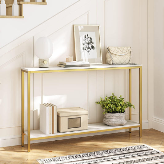 Console table with gold frame and white surface in a room setting