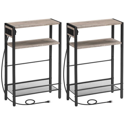 HOOBRO Small Narrow Side Table with Charging Station Set of 2, Skinny End Table for Small Spaces, Slim Nightstand with USB Ports Outlet, Sofa Beside Table with Storage Shelf BG102UBZP201