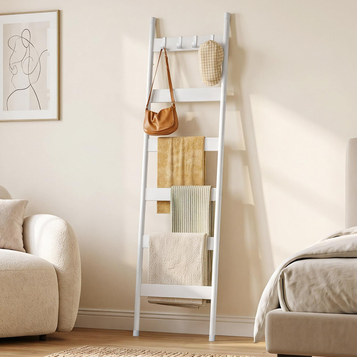 HOOBRO Blanket Ladder, 6-Tier Towel Rack with Hooks, Wall-Leaning Blanket Rack, Decorative Display Ladder Shelf, for Scarves, Industrial, Living Room, Bedroom, White WW66CJ01G1