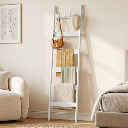 HOOBRO Blanket Ladder, 6-Tier Towel Rack with Hooks, Wall-Leaning Blanket Rack, Decorative Display Ladder Shelf, for Scarves, Industrial, Living Room, Bedroom, White WW66CJ01G1