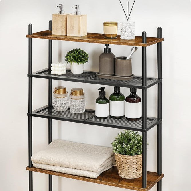 HOOBRO Retro Brown Four-Tier Toilet Above-Room Bathroom Storage Rack with Adjustable Legs