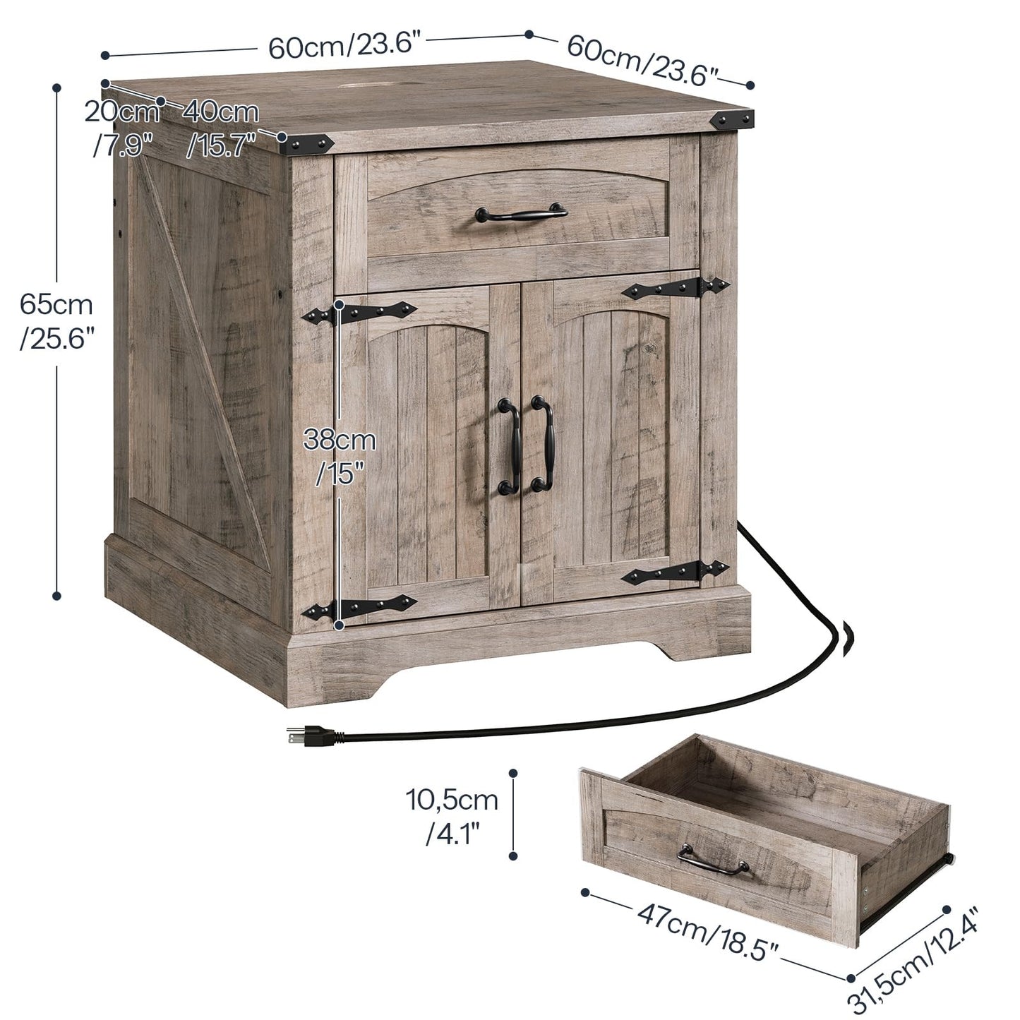 HOOBRO 23.6-inch Country Style Large Flip-Up Side Table with Charging Station & Drawers