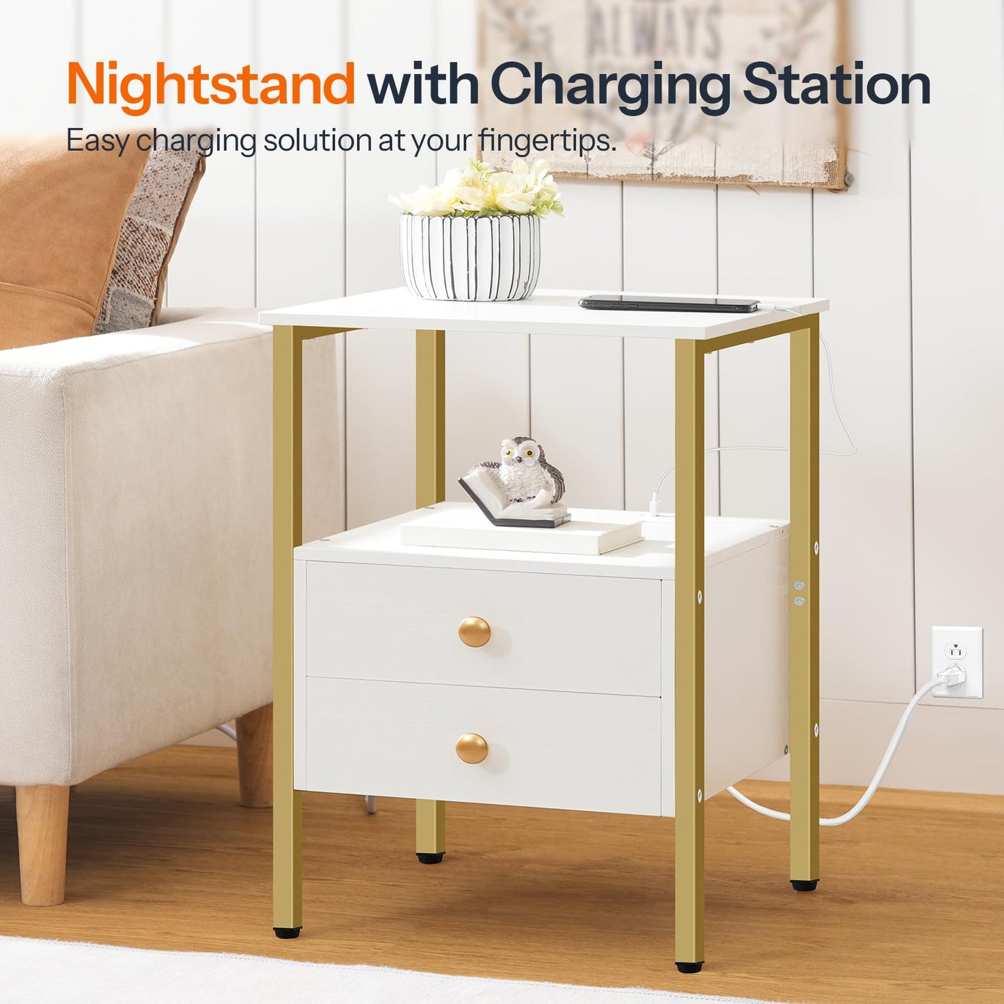 HOOBRO Side Table with Charging Station & 2 Drawers & USB Port & Type-C Port