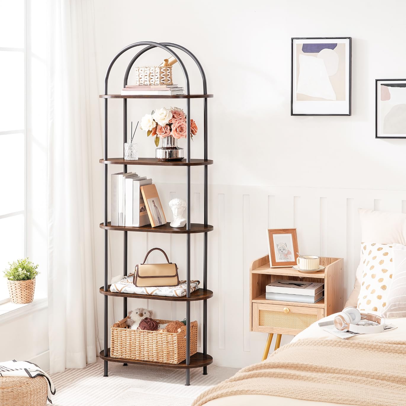 HOOBRO Retro Brown Wood Five-Tier Open Industrial Style Arched Bookshelf Display Rack