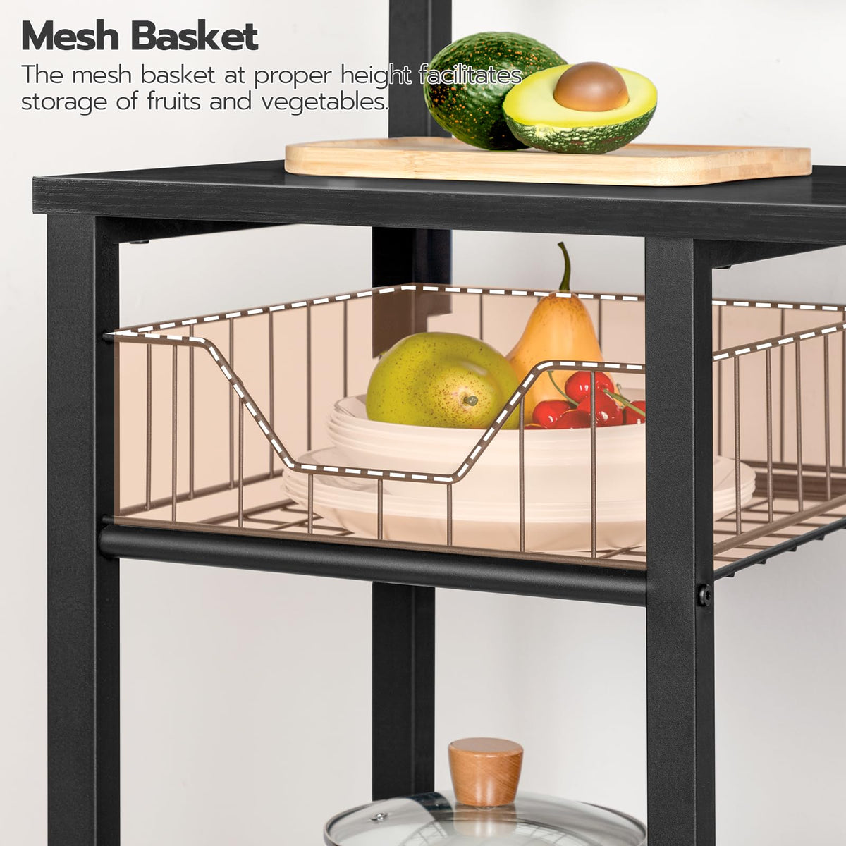 HOOBRO Bakers Rack with Power Outlet, 35.4 Inches Coffee Bar with Mesh Basket, Microwave Stand with 4 S-Shaped Hooks, Kitchen Bakers Rack with Storage, Easy to Assemble, Black BB05HB01