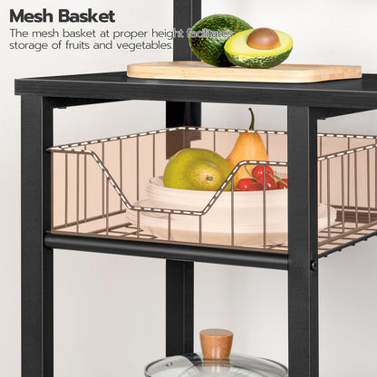 HOOBRO Bakers Rack with Power Outlet, 35.4 Inches Coffee Bar with Mesh Basket, Microwave Stand with 4 S-Shaped Hooks, Kitchen Bakers Rack with Storage, Easy to Assemble, Black BB05HB01