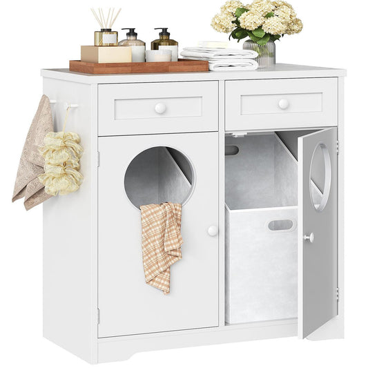 HOOBRO Double Laundry Hamper Cabinet, Hidden Laundry Cabinet with 2 Drawers & 2 Baskets, 20 Gallon Farmhouse Bathroom Laundry Hamper with 2 Clothes-Toss Holes, White WT36XY01