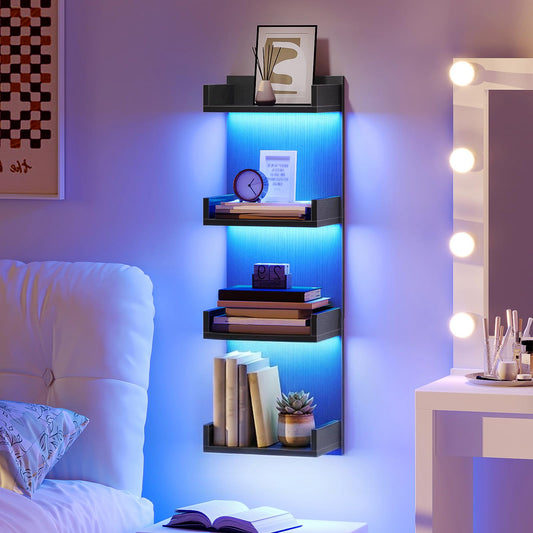 HOOBRO 4-Tier Floating Wall Shelves with LED Lights