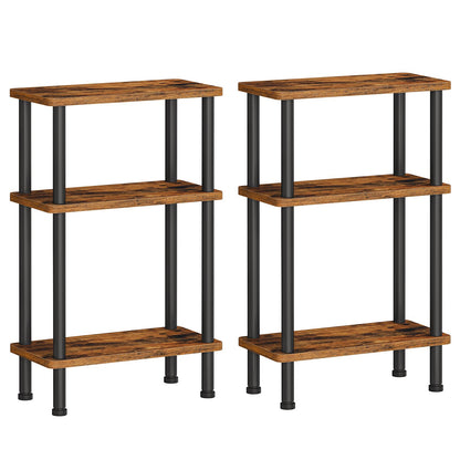 HOOBRO Narrow Side Table Set of 2, 3-Tier Slim End Table No Tools Needed, Twist-On Assembly, Skinny Nightstand Sofa Storage Shelf for Living Room, Bedroom, Study, Rustic Brown and Black BF246BZP201
