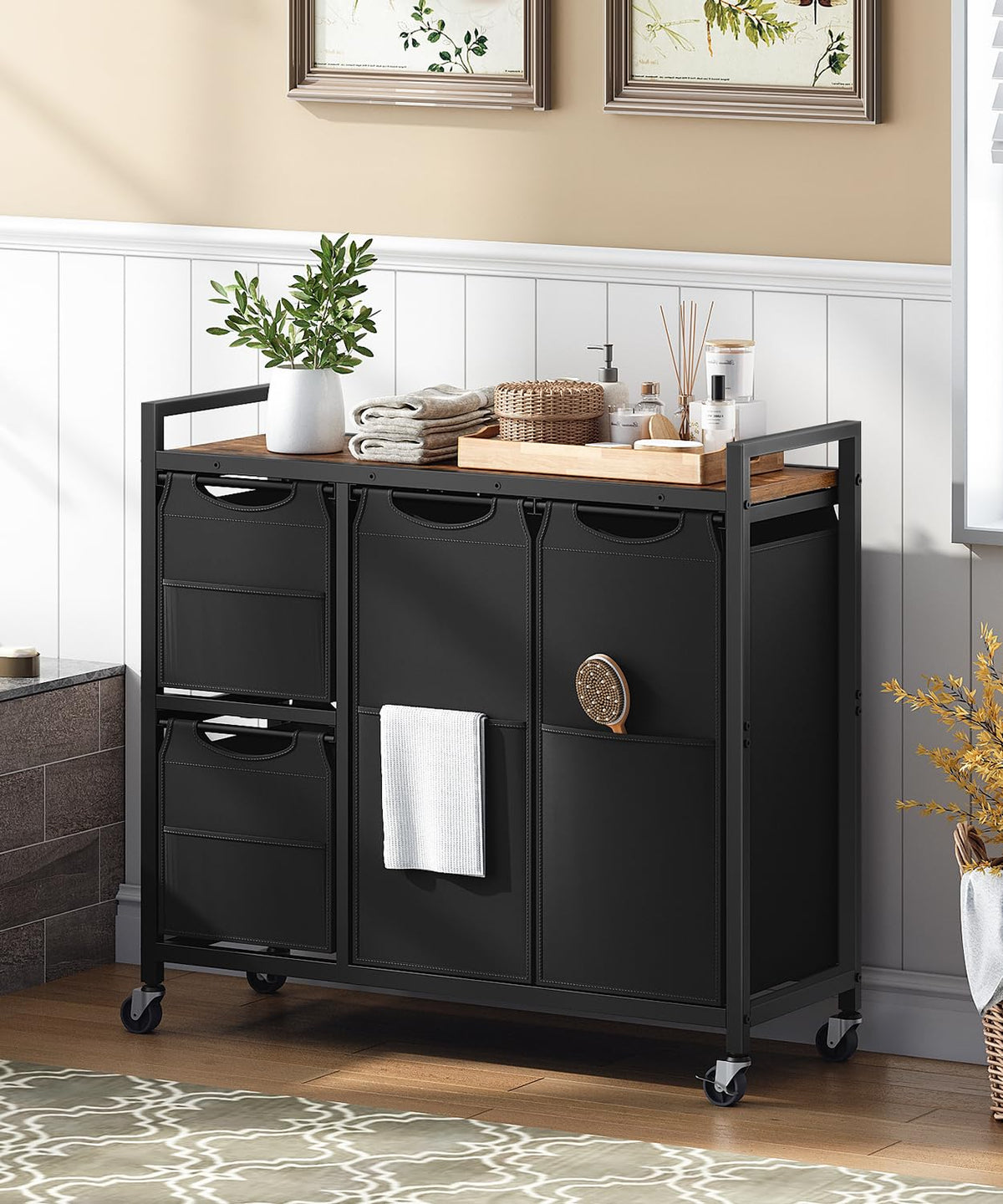 HOOBRO Laundry Sorter with 4 Section, 34 Gal. (127 L) Laundry Hamper with Wheels, Rolling Laundry Basket with Shelf, Pull-Out Detachable Bags, Side Pockets, Rustic Brown and Black BF14XY01N1