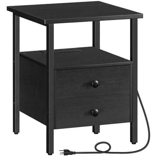 HOOBRO End Table with Charging Station, Bedside Table with Drawers USB Port & Type-C Port, Nightstand for Small Spaces, Stable and Sturdy, for Living Room, Bedroom, Black BB43UBZ01