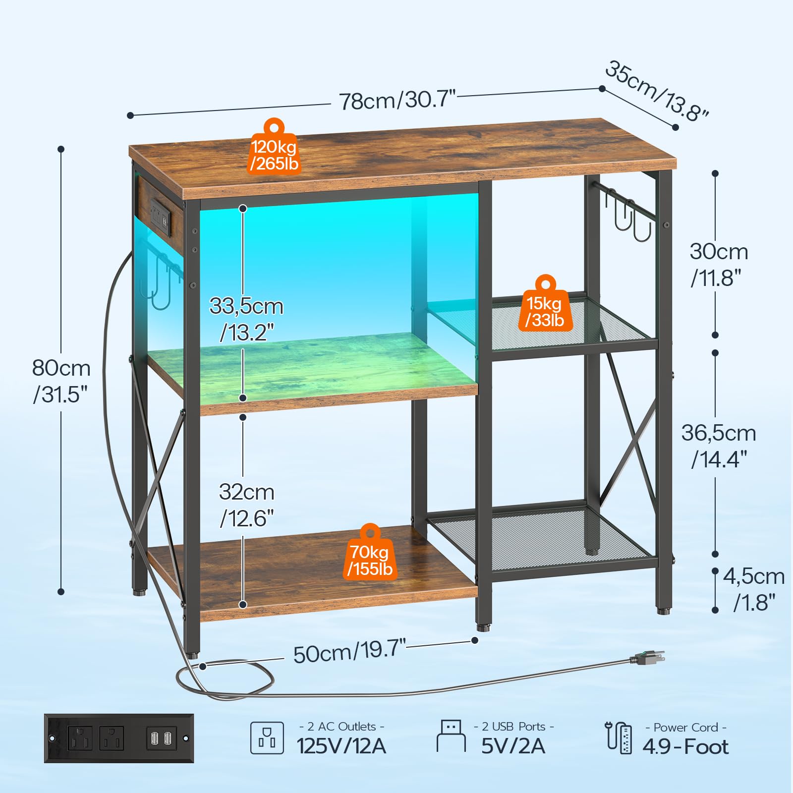 Dimensions and features of a wooden aquarium stand with shelves on a white background