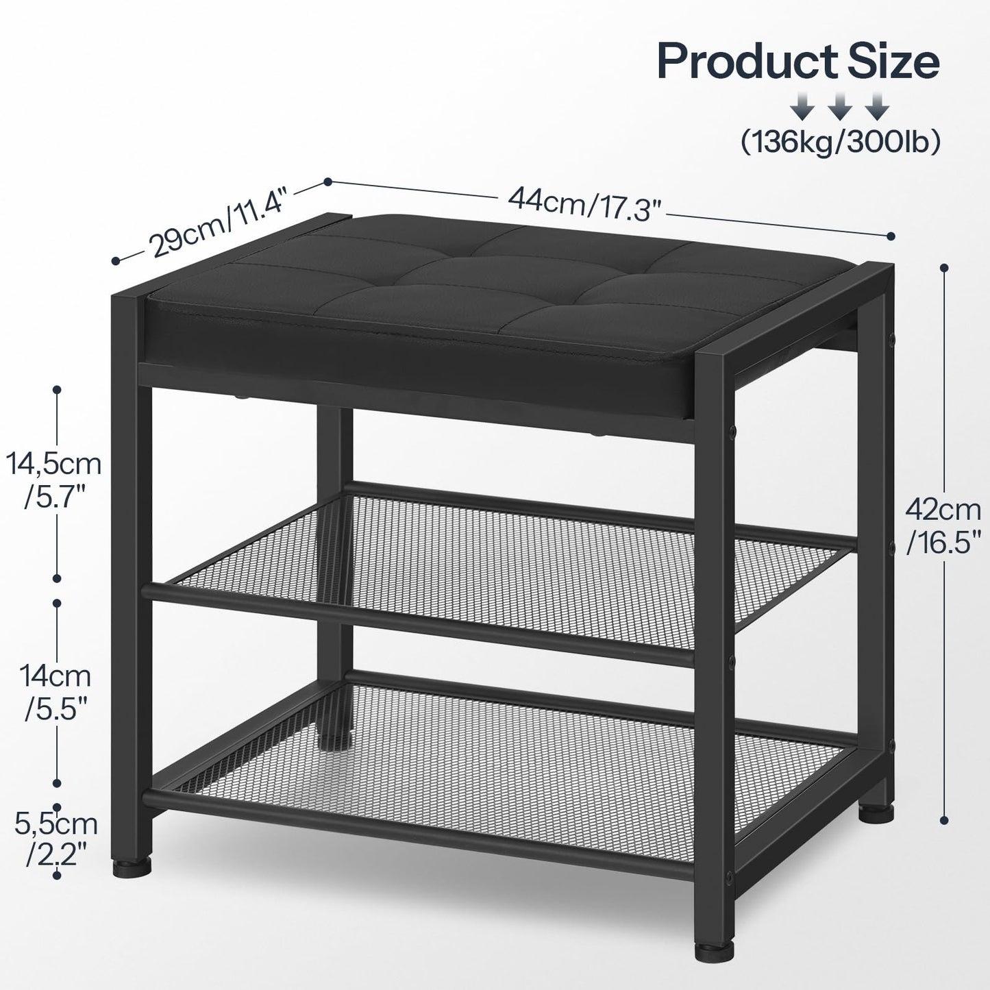 Black metal side table with dimensions on a white background