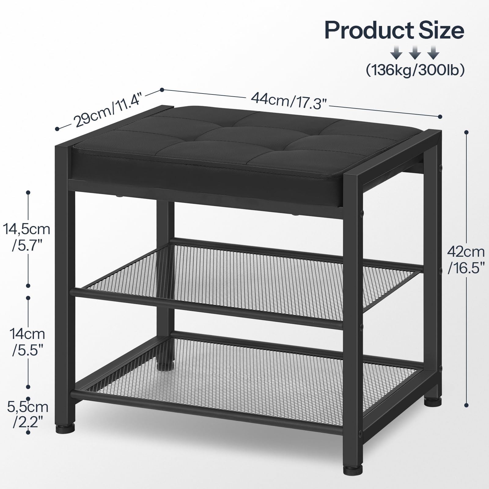 Black metal side table with dimensions on a white background
