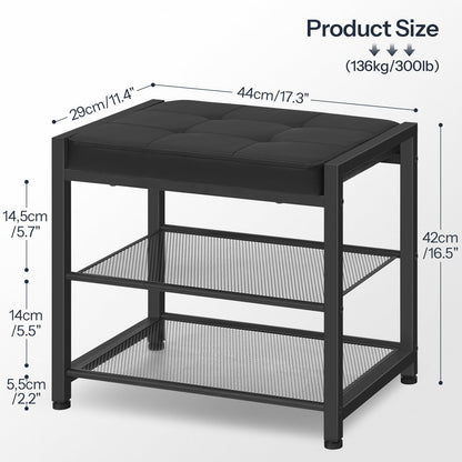 Black metal side table with dimensions on a white background