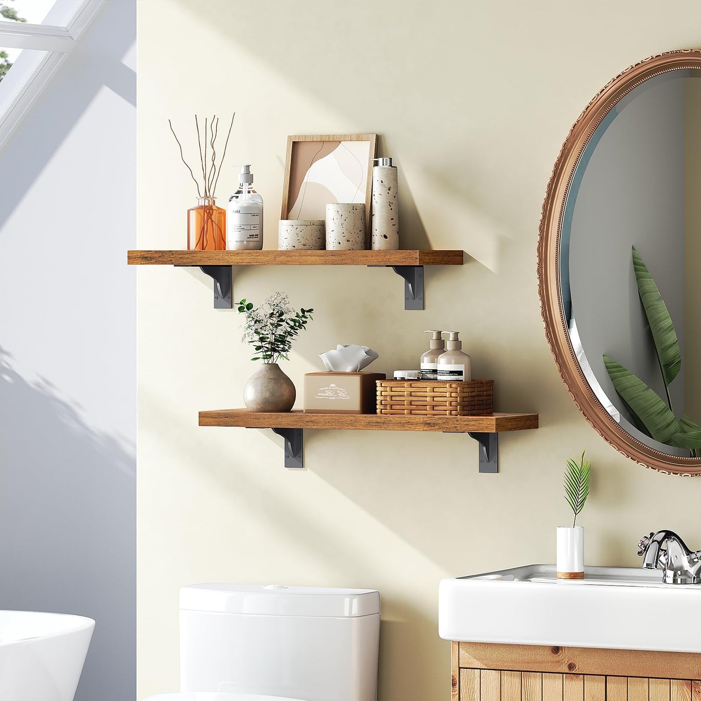 HOOBRO Vintage Brown 15.4-inch Wooden Wall-Mounted Shelf Set with Metal Bracket /2PICS