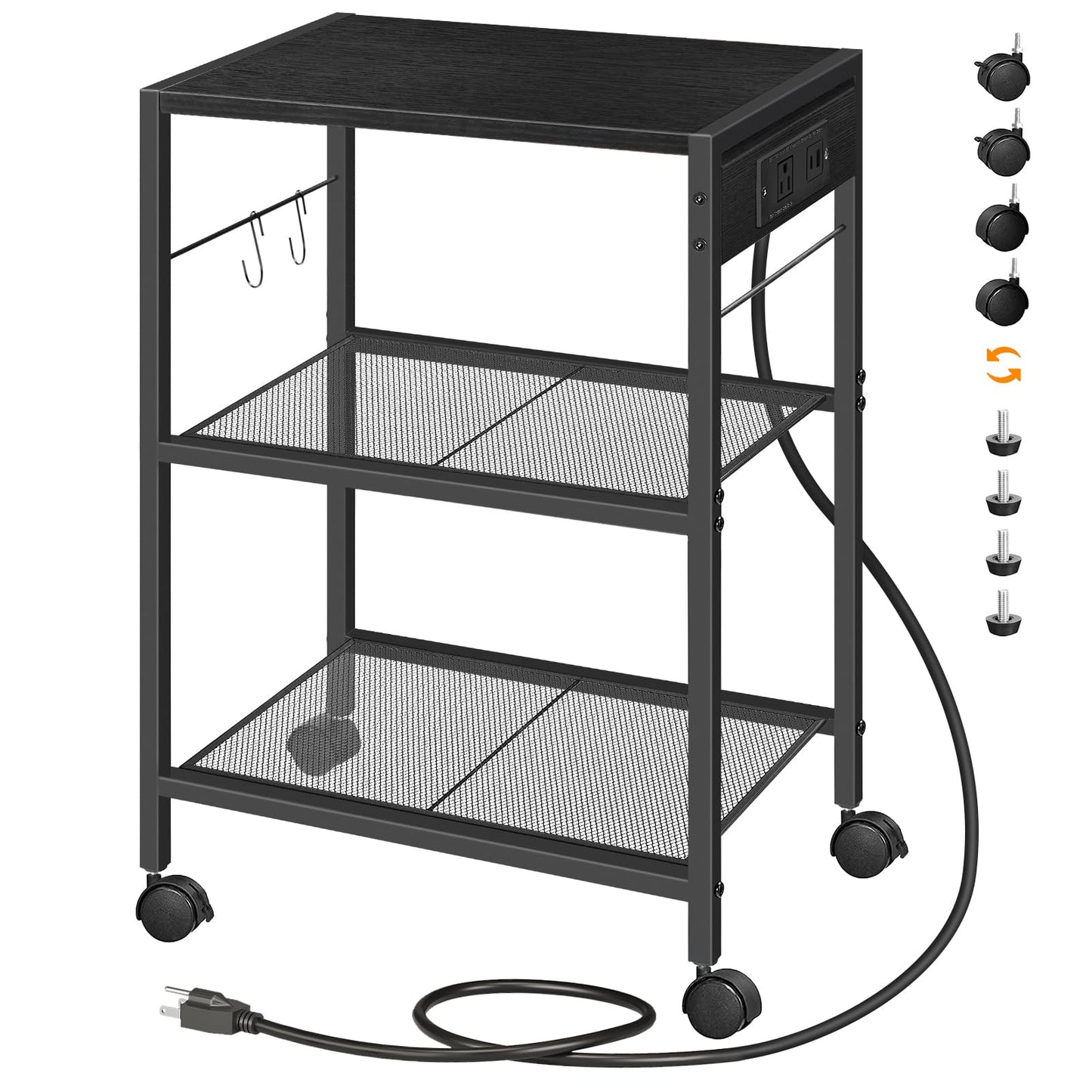 HOOBRO Black Industrial Style Three-Tier Movable Printer Stand with Wheels & Power Outlet & USB Port &2 Hooks