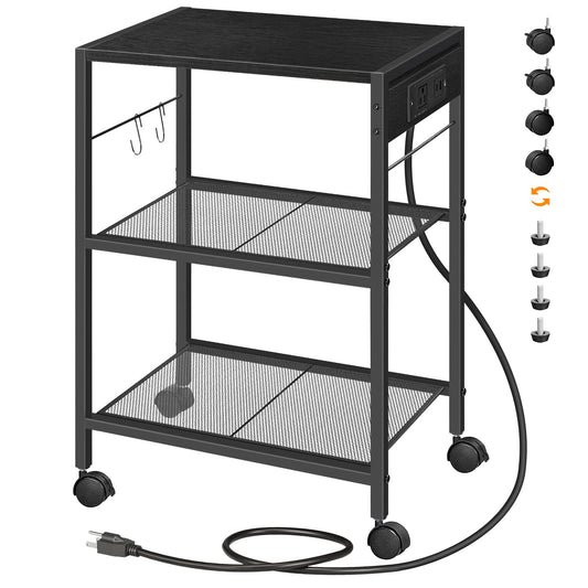 HOOBRO Black Industrial Style Three-Tier Movable Printer Stand with Wheels & Power Outlet & USB Port &2 Hooks