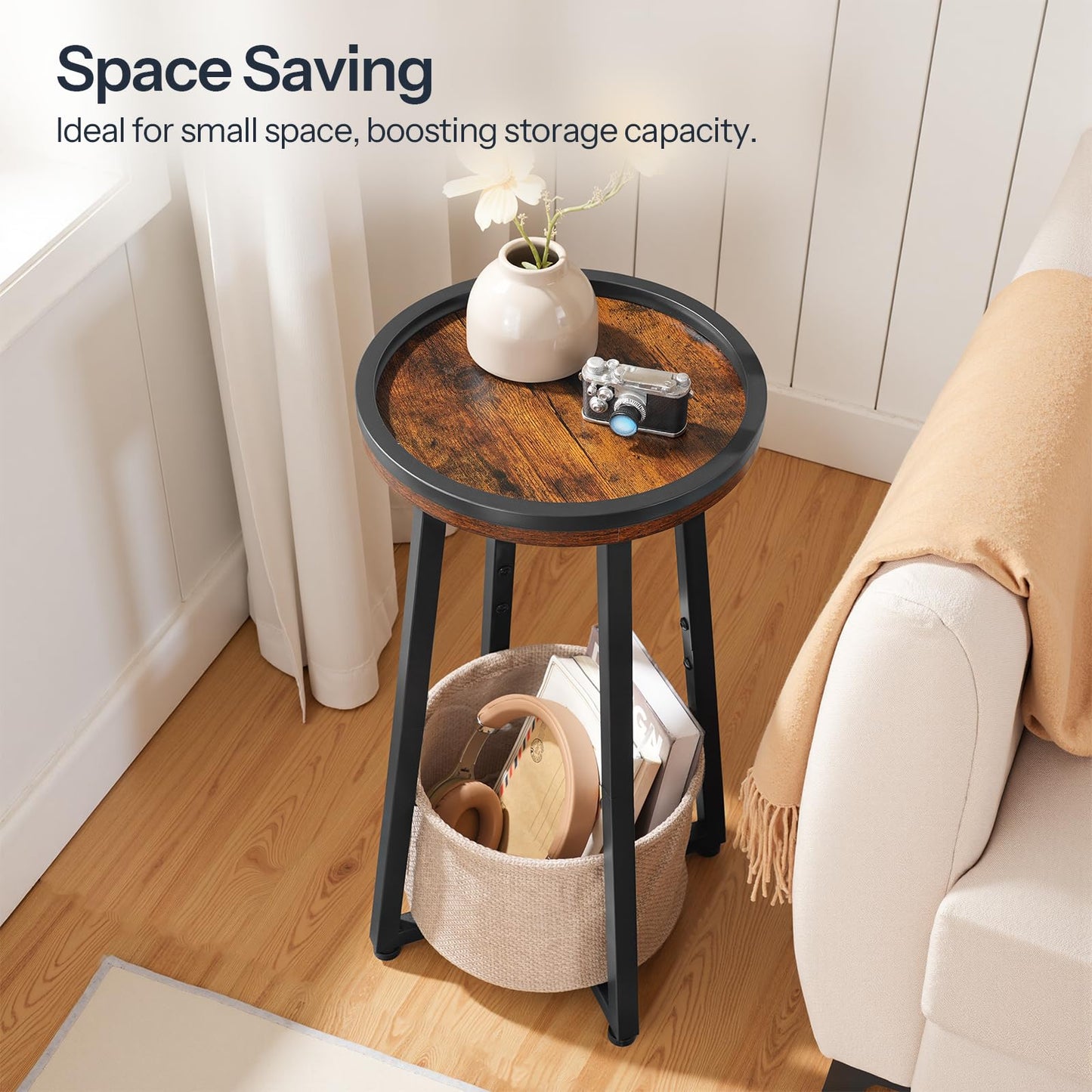 HOOBRO 2-Tier Small Round Side Table with Storage Basket