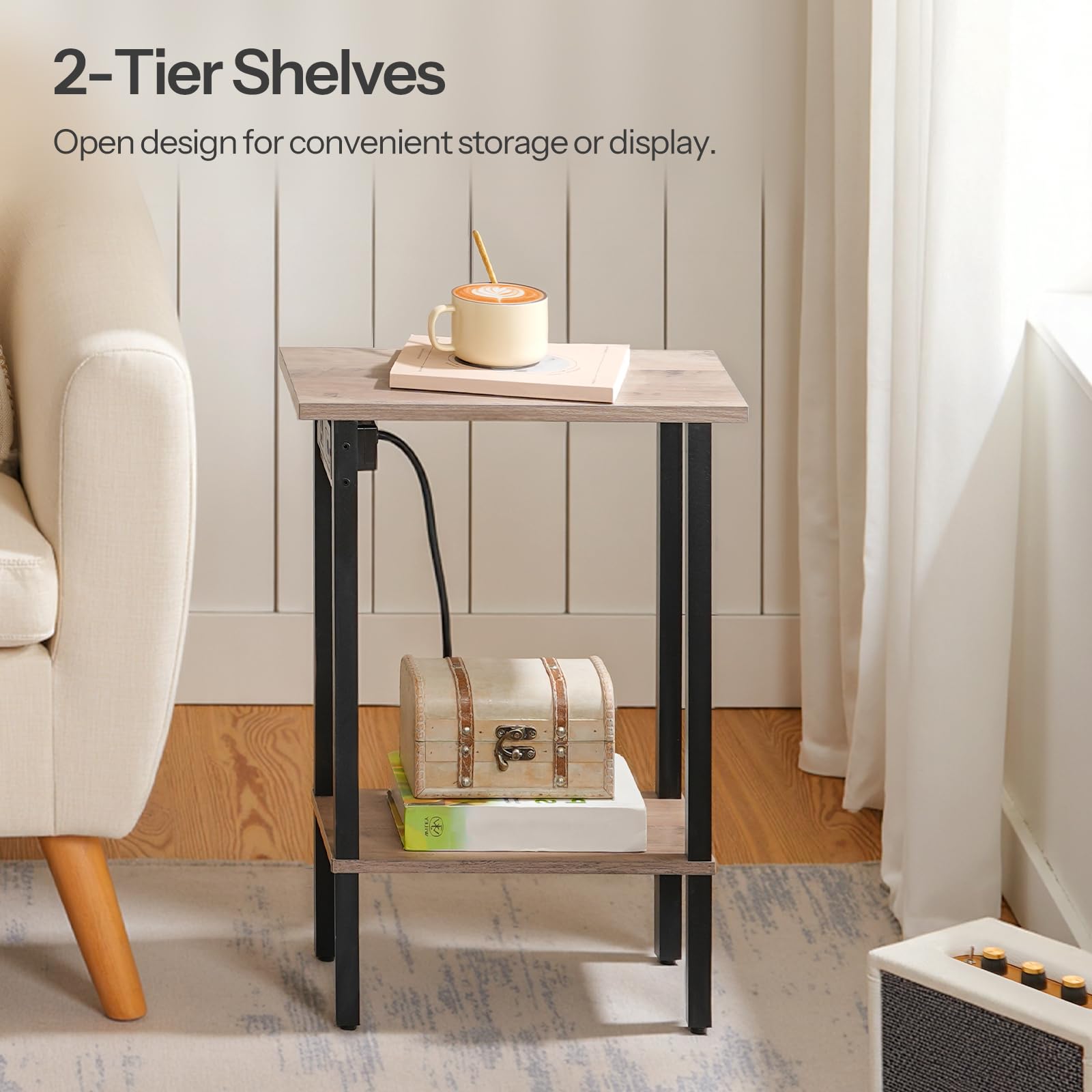 Two-tier shelves with a cup and decorative box in a living room setting.