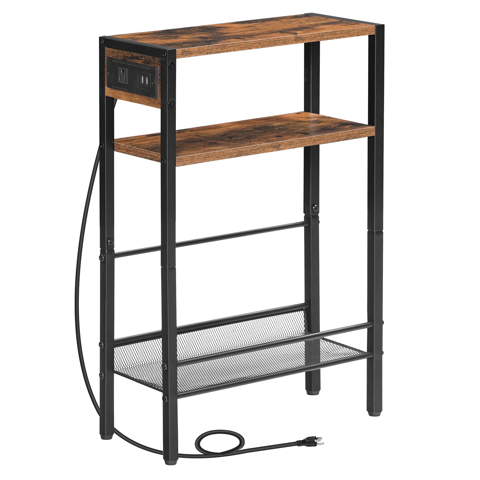 Three-tiered shelf with wooden top and black metal frame on a white background