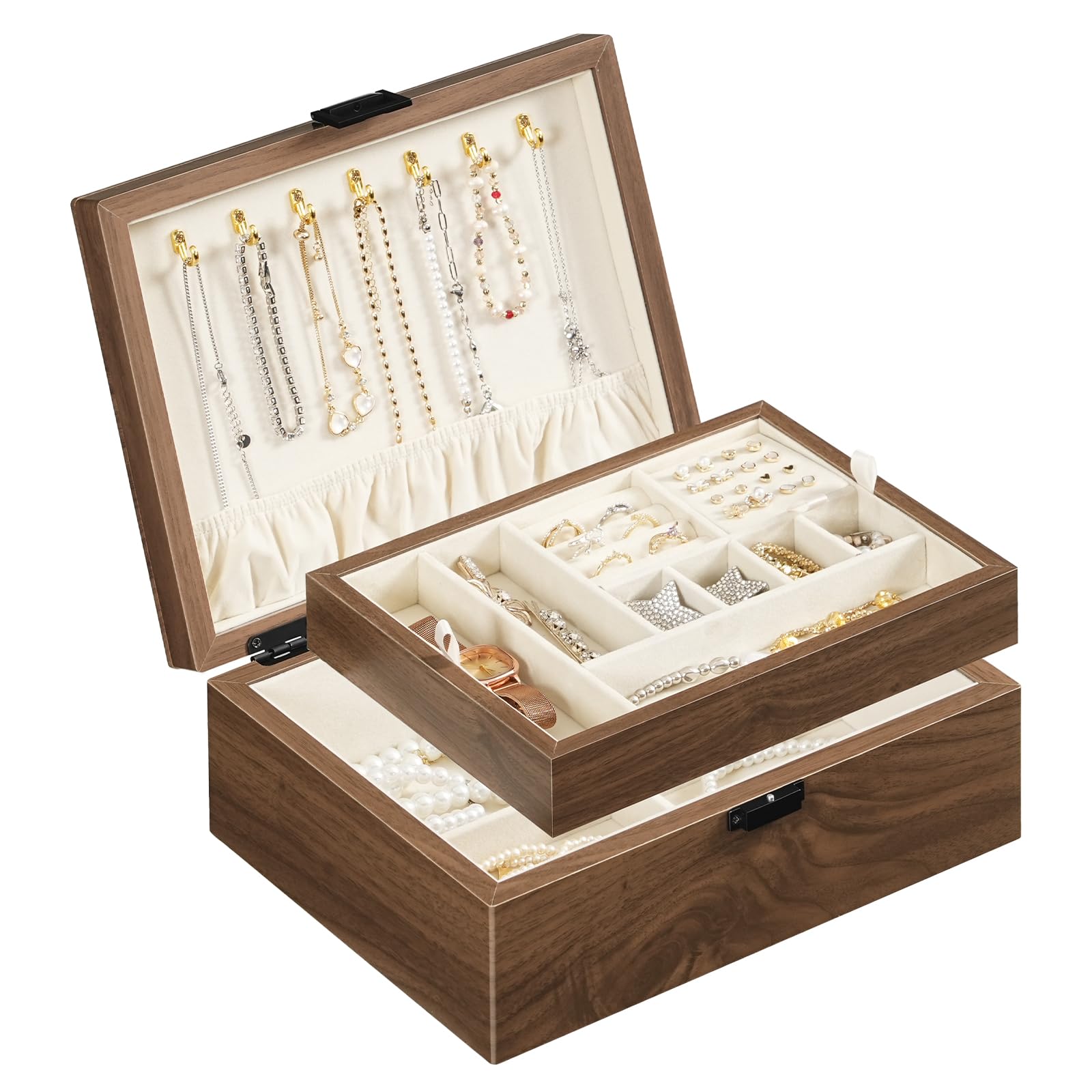 Wooden jewelry box with jewelry inside on a white background