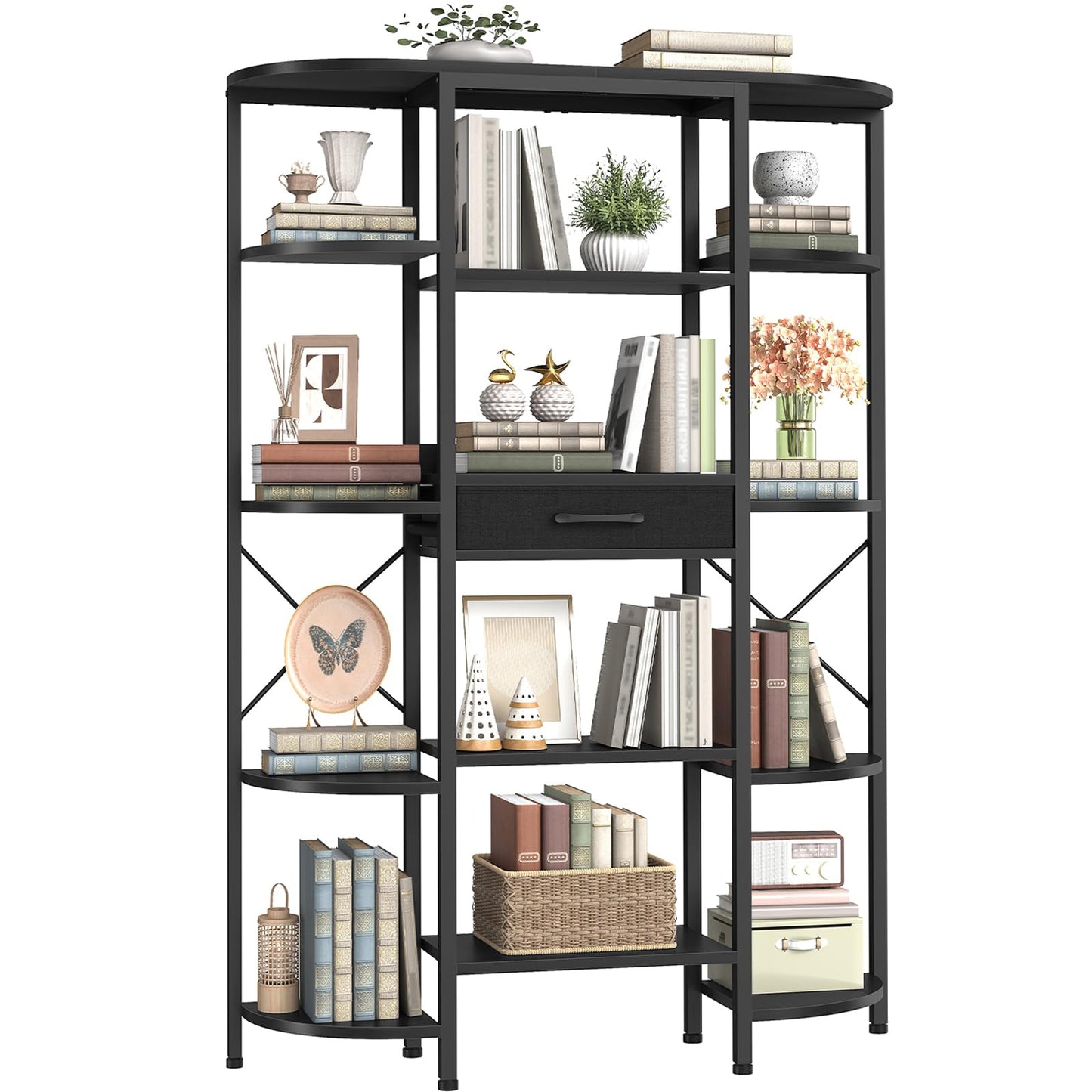 HOOBRO Industrial 5-Tier Bookshelf with 12 Open Shelves & Fabric Drawer