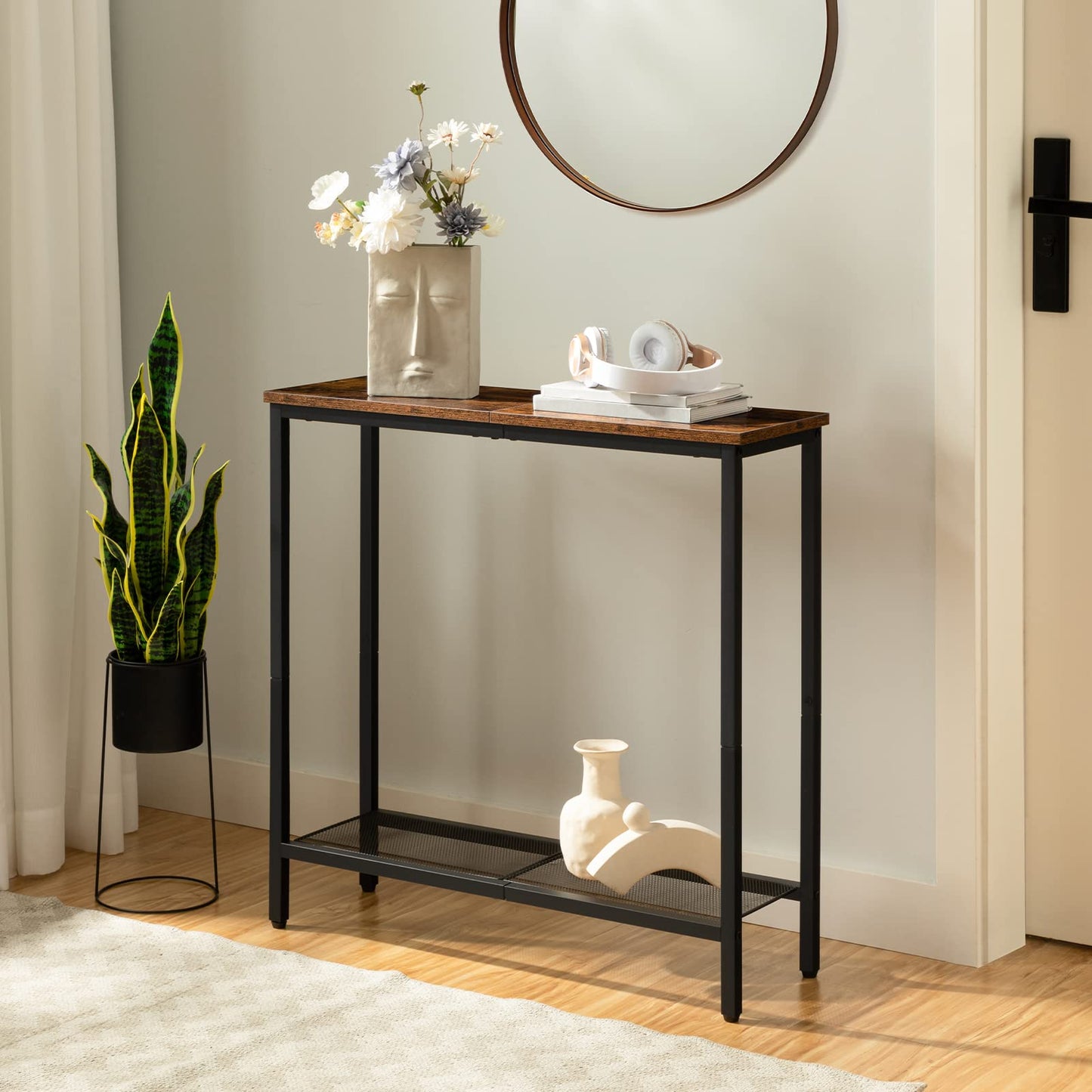 HOOBRO Retro Brown 29.5-inch Double-Layer Narrow Entryway Table with Shelves