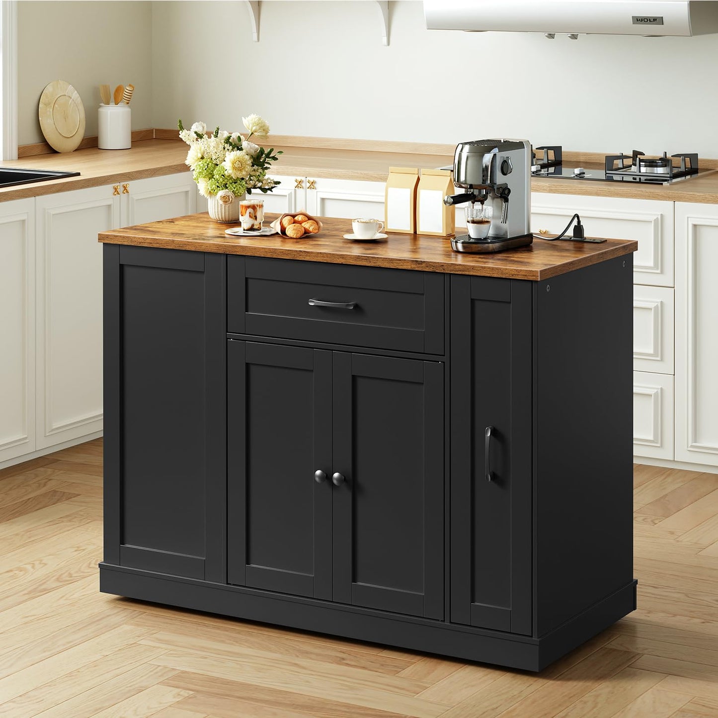 HOOBRO Black Mobile Kitchen Island with Trash Can Storage & Power Outlet & Spice Rack & Drawers