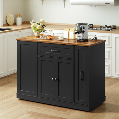 HOOBRO Black Mobile Kitchen Island with Trash Can Storage & Power Outlet & Spice Rack & Drawers