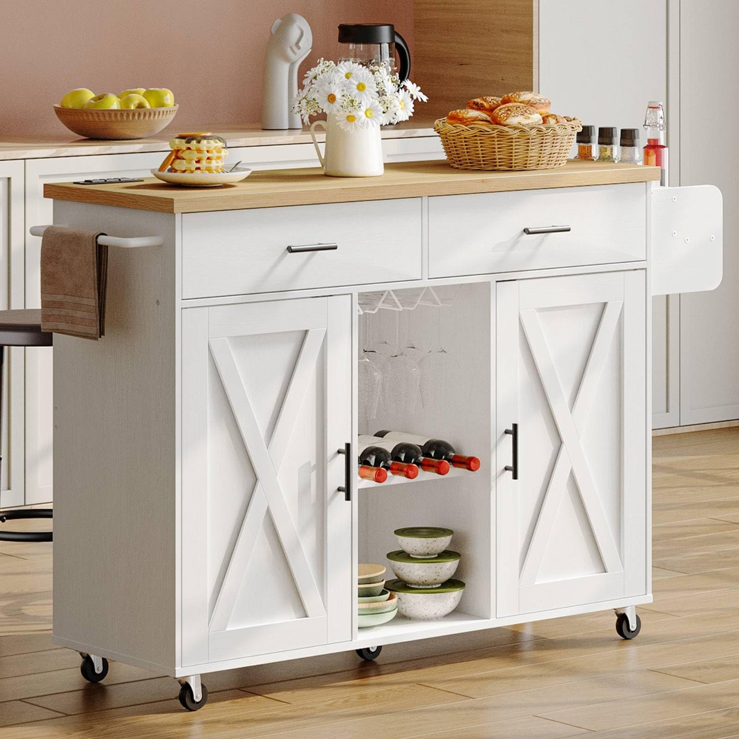 HOOBRO Rolling Kitchen Island with Power Outlet & Drawers