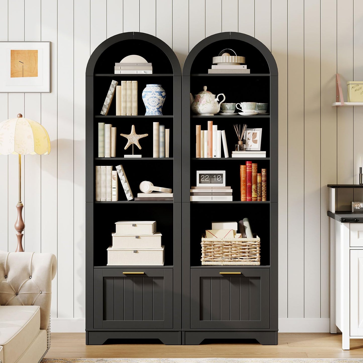 HOOBRO 6-Tier Wooden Arched Bookcase with File Drawers & Adjustable Shelves