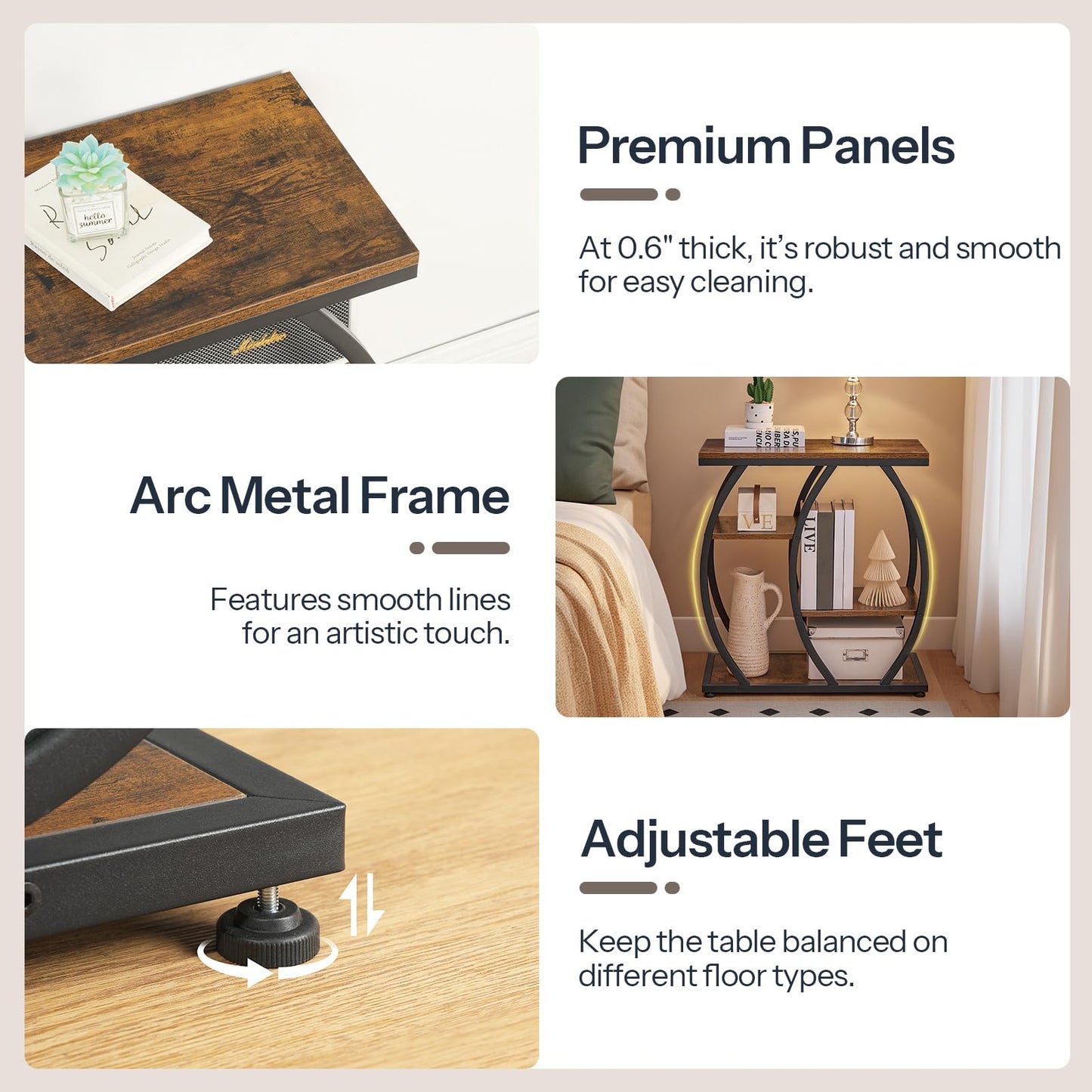 HOOBRO 4-Tier Industrial End Table & Nightstand with Storage Shelves