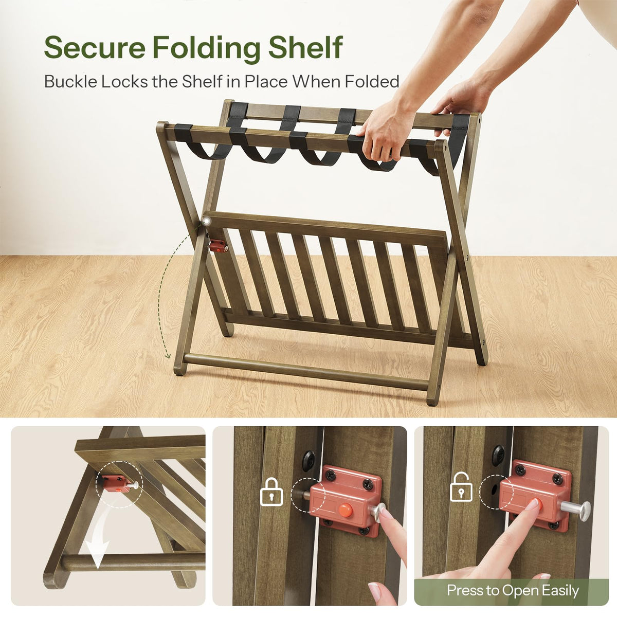 HOOBRO 2-Tier Solid Wood Folding Luggage Rack for Guest Room, Bedroom