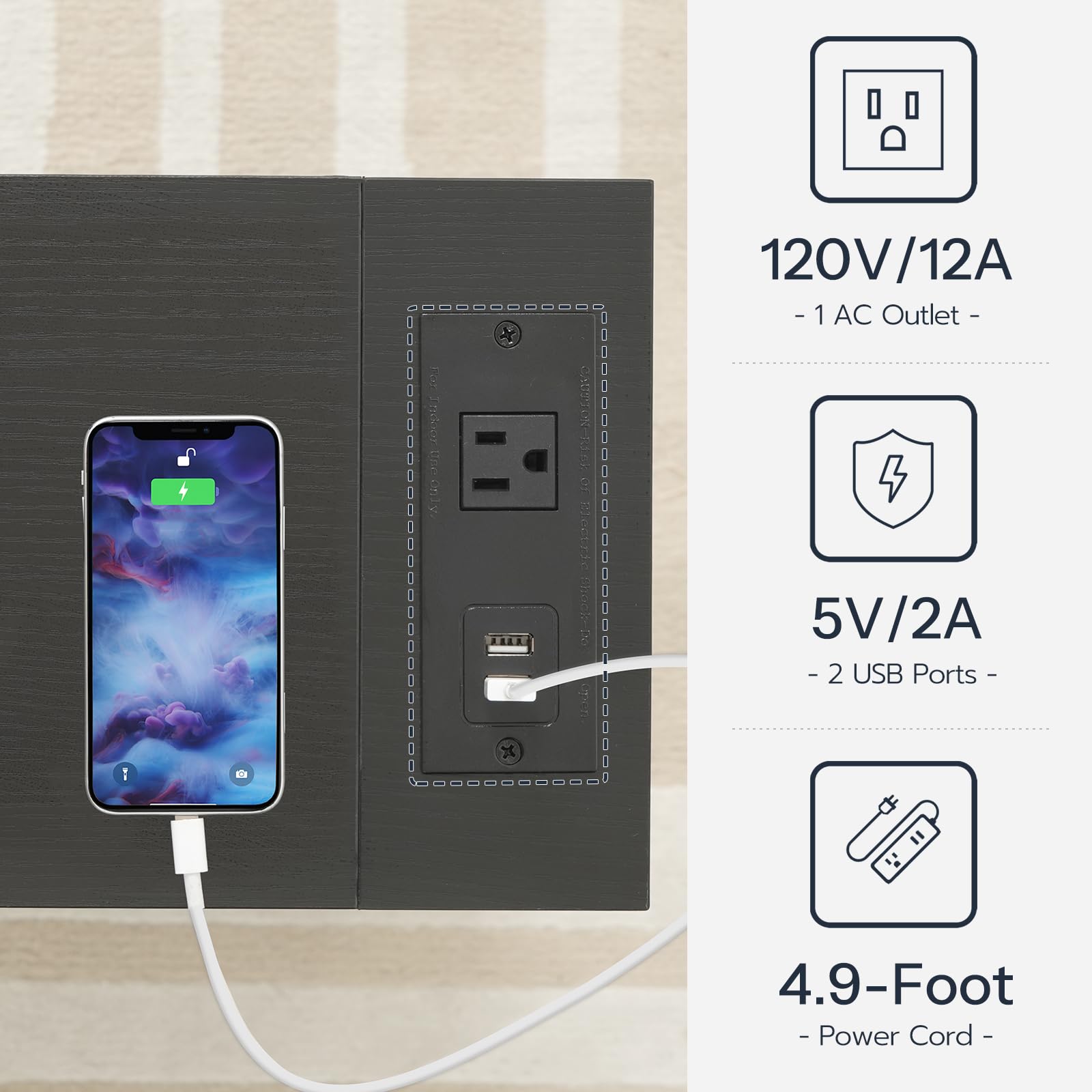 Wall outlet with phone charging cable, labeled specifications on the right.