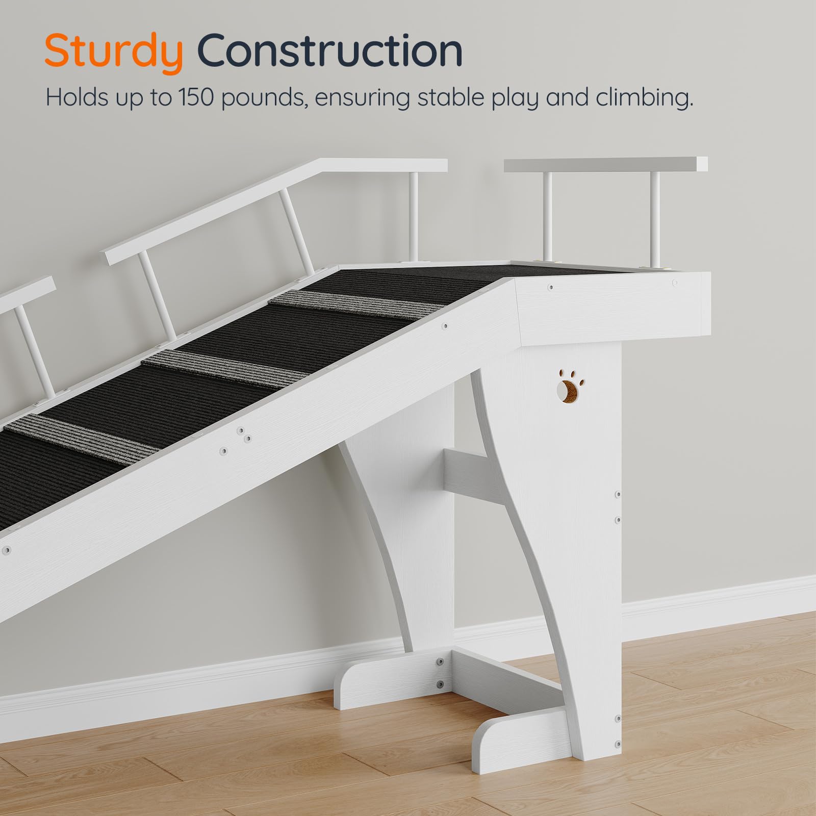 White play structure with black platforms on a wooden floor, featuring text about sturdy construction.