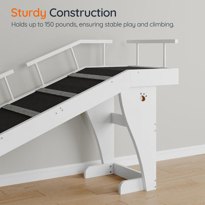 White play structure with black platforms on a wooden floor, featuring text about sturdy construction.
