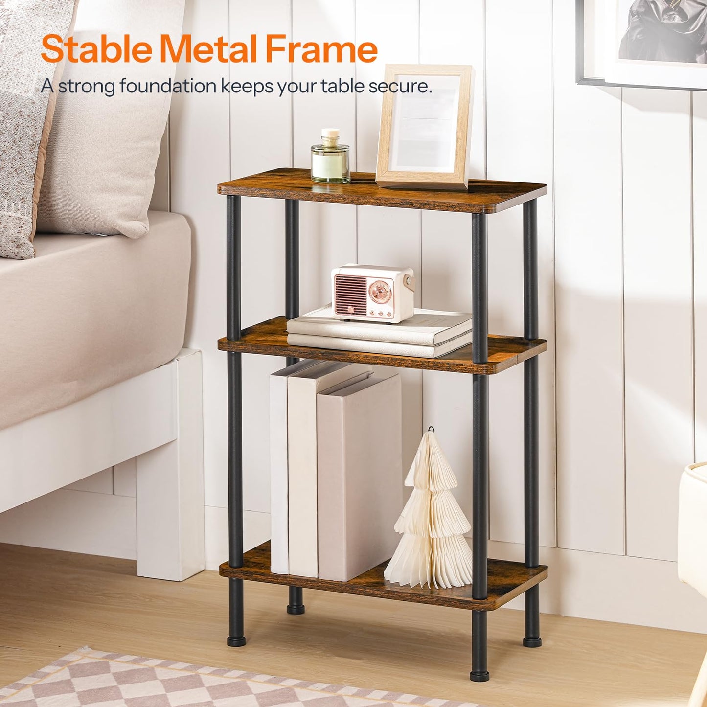 HOOBRO Brown Three-Tier Slim Narrow Side Table - Tool-Free Twist Assembly