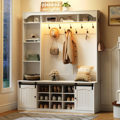 HOOBRO White 59-inch Wooden LED Farmhouse Style Hallway Coat Rack with Bench & Coat Rack & Shoe Cabinet