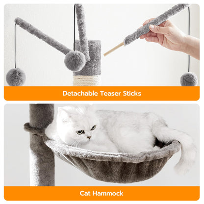 HOOBRO Greige Wooden Concealed Cat Tree Tower with Litter Box Enclosure & Scratching Post