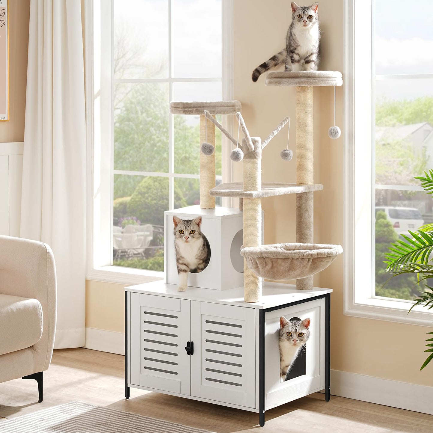 HOOBRO Wooden Cat Tree with Litter Box Enclosure