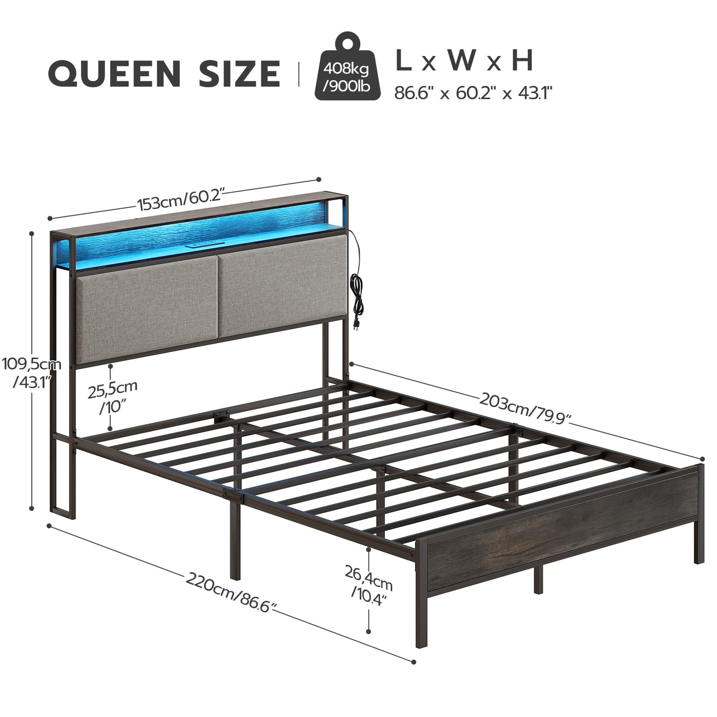 HOOBRO Queen Metal Bed Frame with Storage Headboard & LED Lights