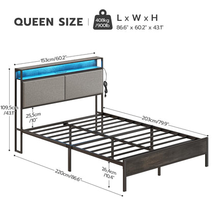 HOOBRO Queen Metal Bed Frame with Storage Headboard & LED Lights