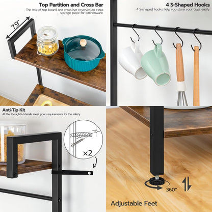 HOOBRO Retro Brown 35.4-inch Baking Rack with Mesh Basket & Power Outlet & Microwave Bracket & 4 S-Hooks