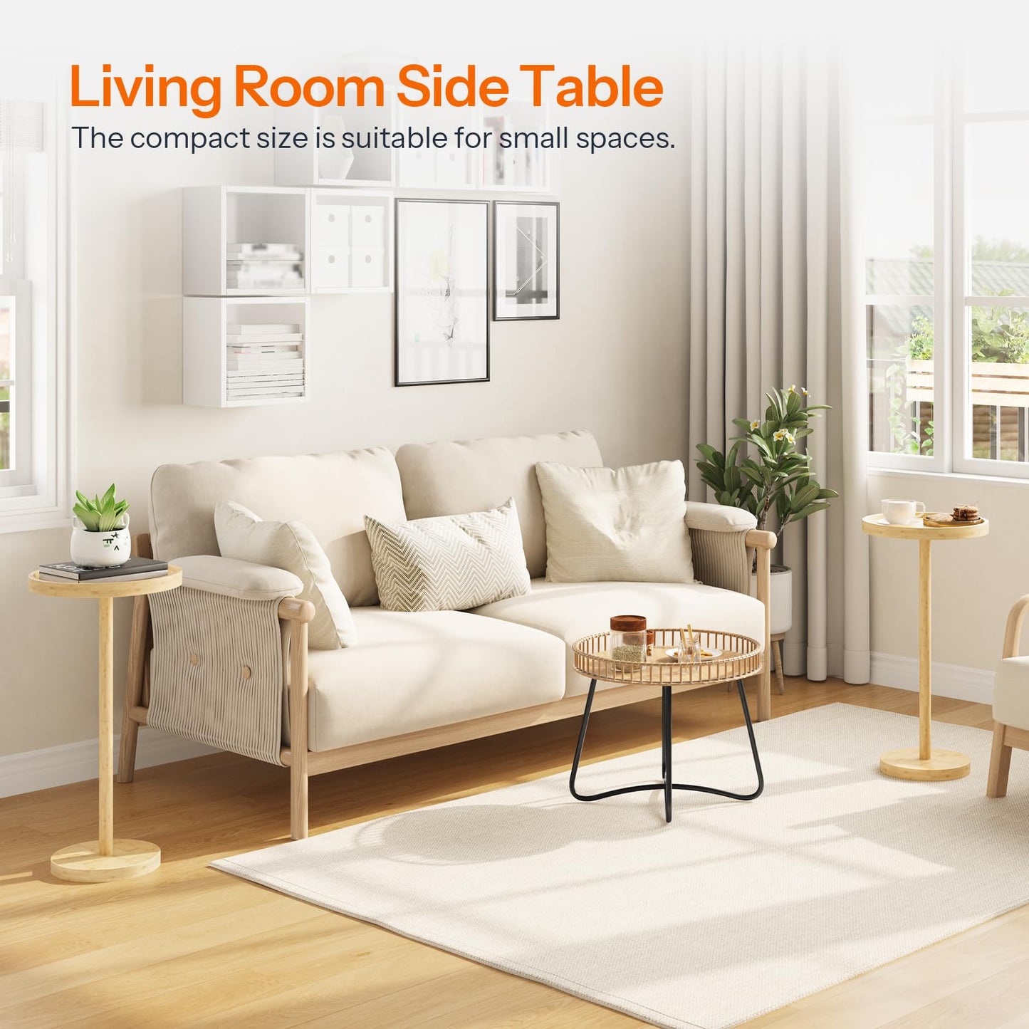 HOOBRO Bamboo Round Side Table & Coffee Martini Table