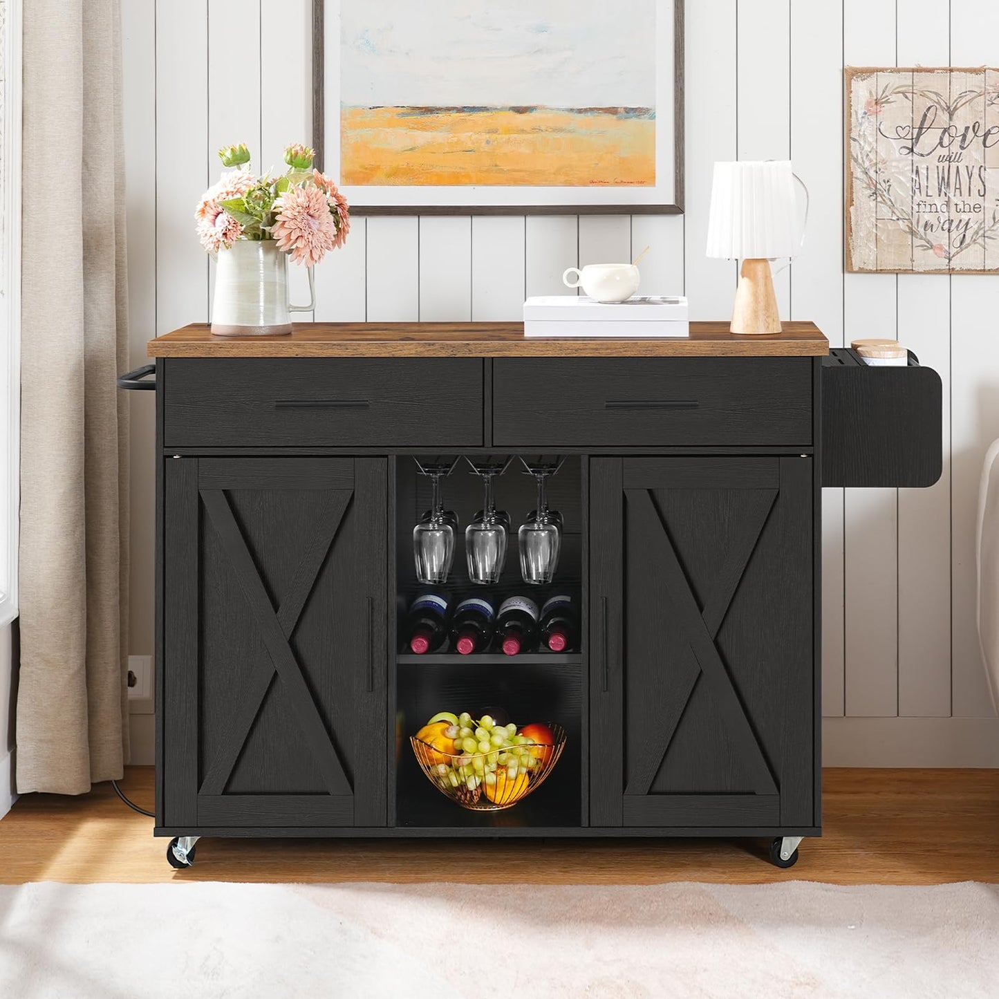HOOBRO Rolling Kitchen Island with Power Outlet & Wine Storage